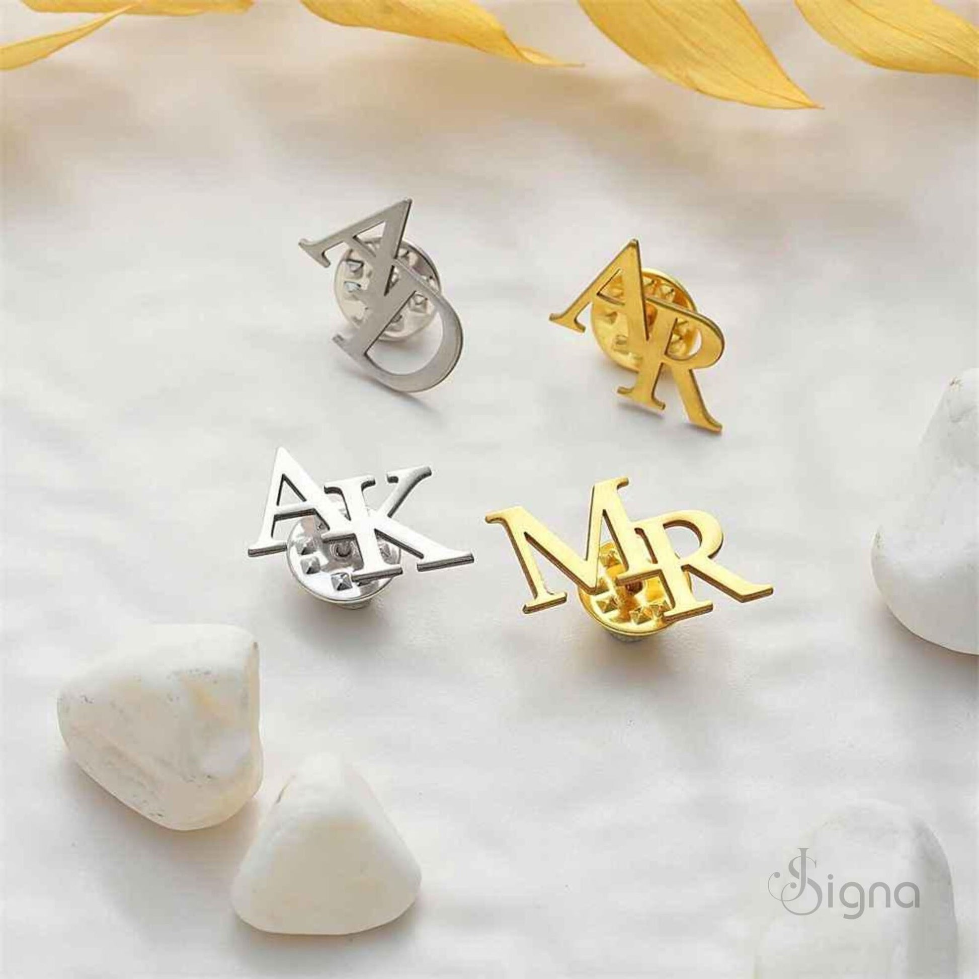Luxury dual letter monogram brooch for groom styling