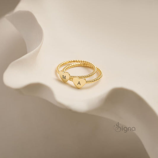 Gold engraved initial heart ring for her