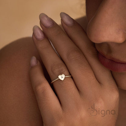 Gold engraved initial heart ring for her