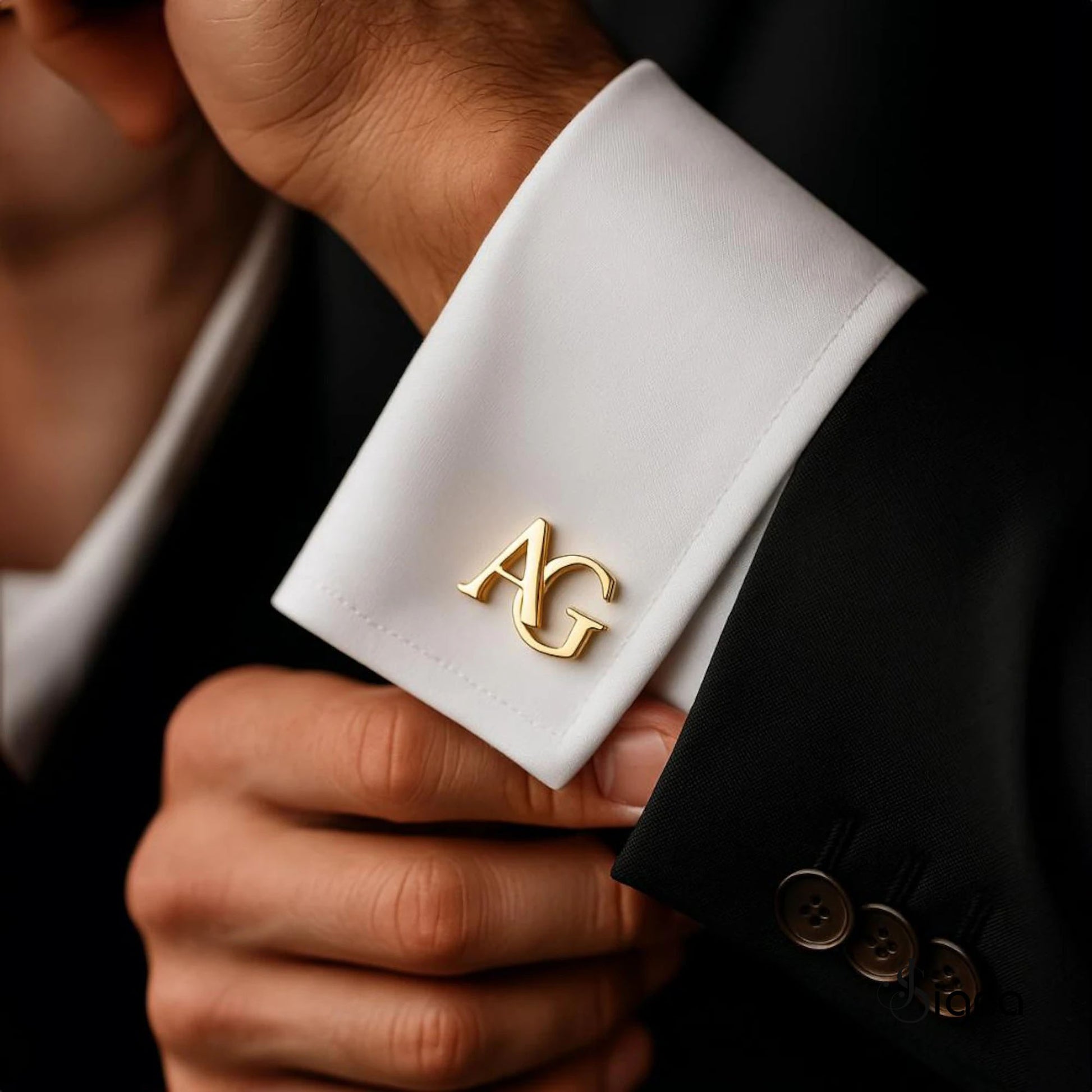 Signa Elite Initial Cufflinks for men in polished silver, featuring a bold precision-cut letter 'A' on a French cuff shirt.