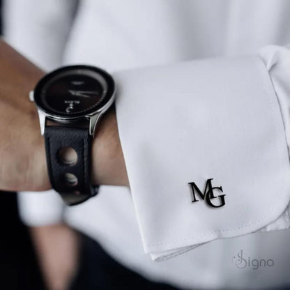 Signa Elite Initial Cufflinks for men in polished silver, featuring a bold precision-cut letter 'A' on a French cuff shirt.