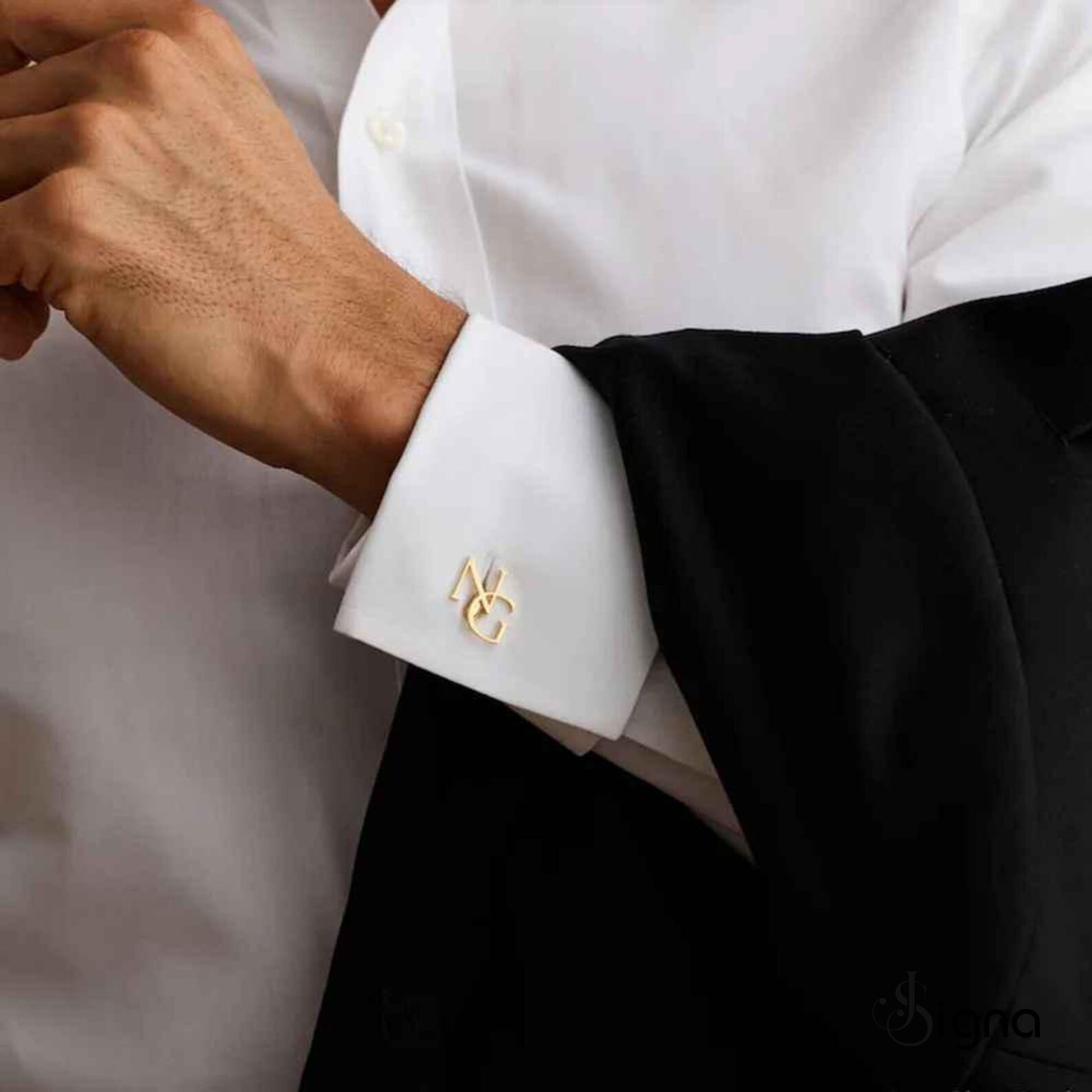 Signa Elite Initial Cufflinks for men in polished silver, featuring a bold precision-cut letter 'A' on a French cuff shirt.