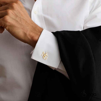 Signa Elite Initial Cufflinks for men in polished silver, featuring a bold precision-cut letter 'A' on a French cuff shirt.