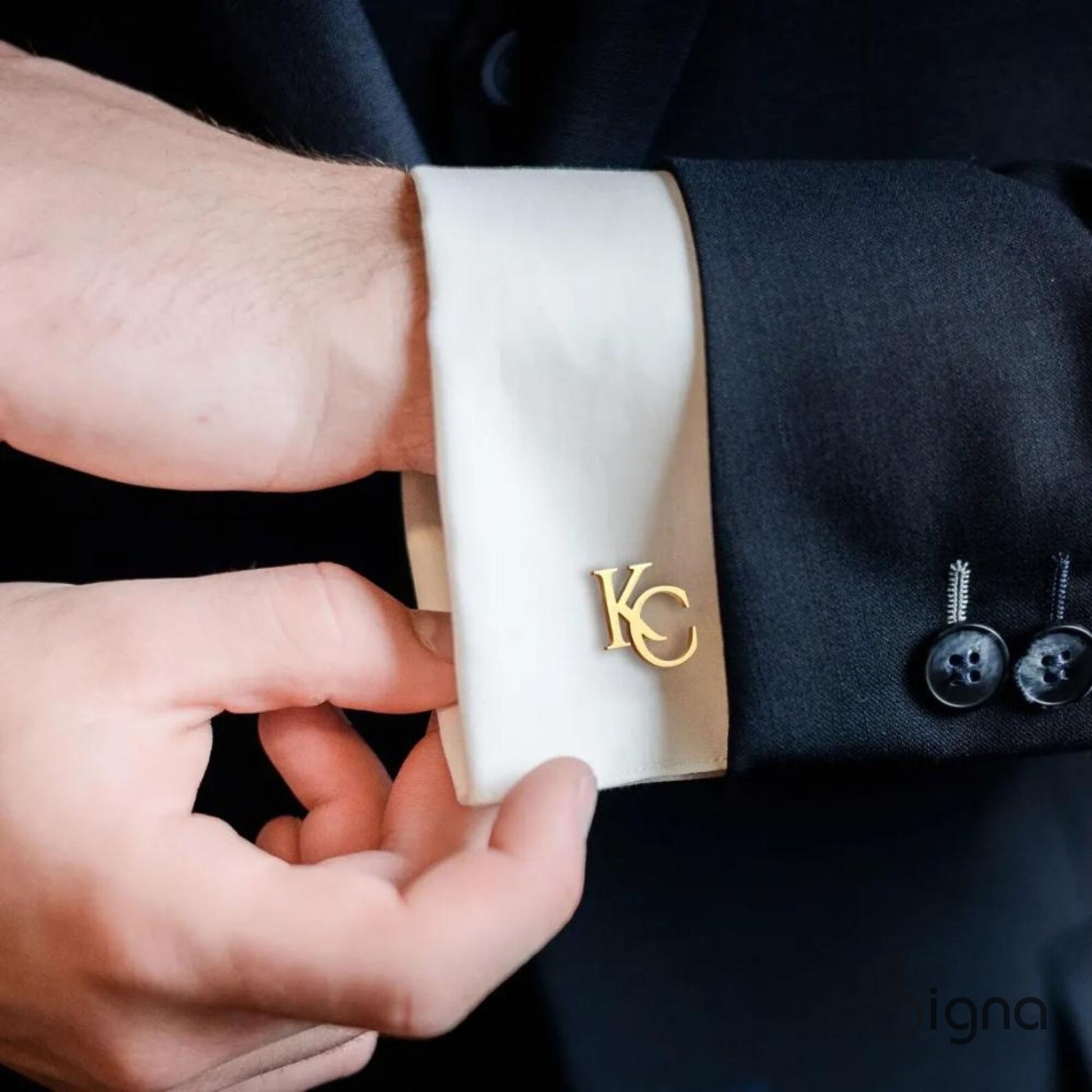 Signa Elite Initial Cufflinks for men in polished silver, featuring a bold precision-cut letter 'A' on a French cuff shirt.