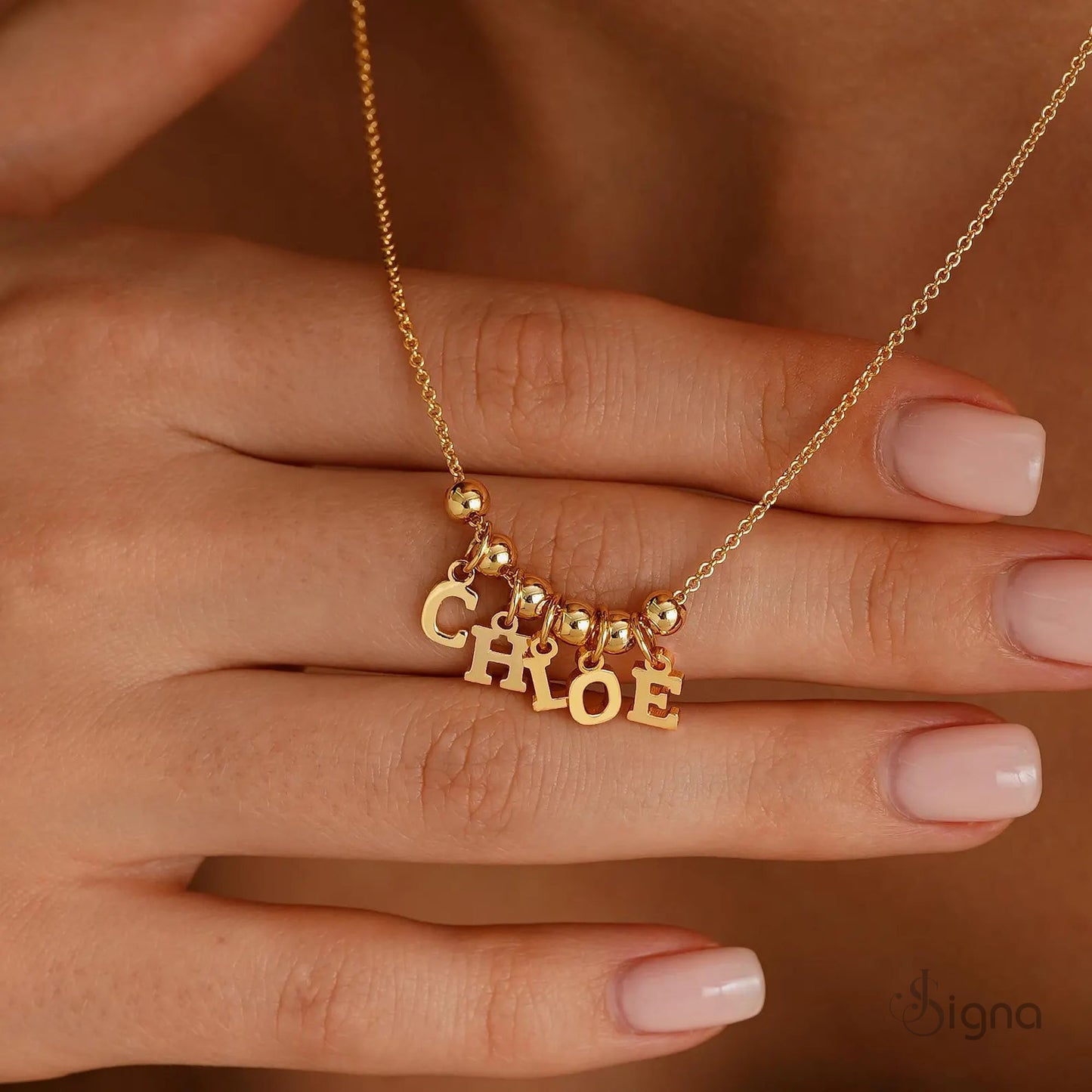 signa personalized letter charm bead necklace for women in gold finish