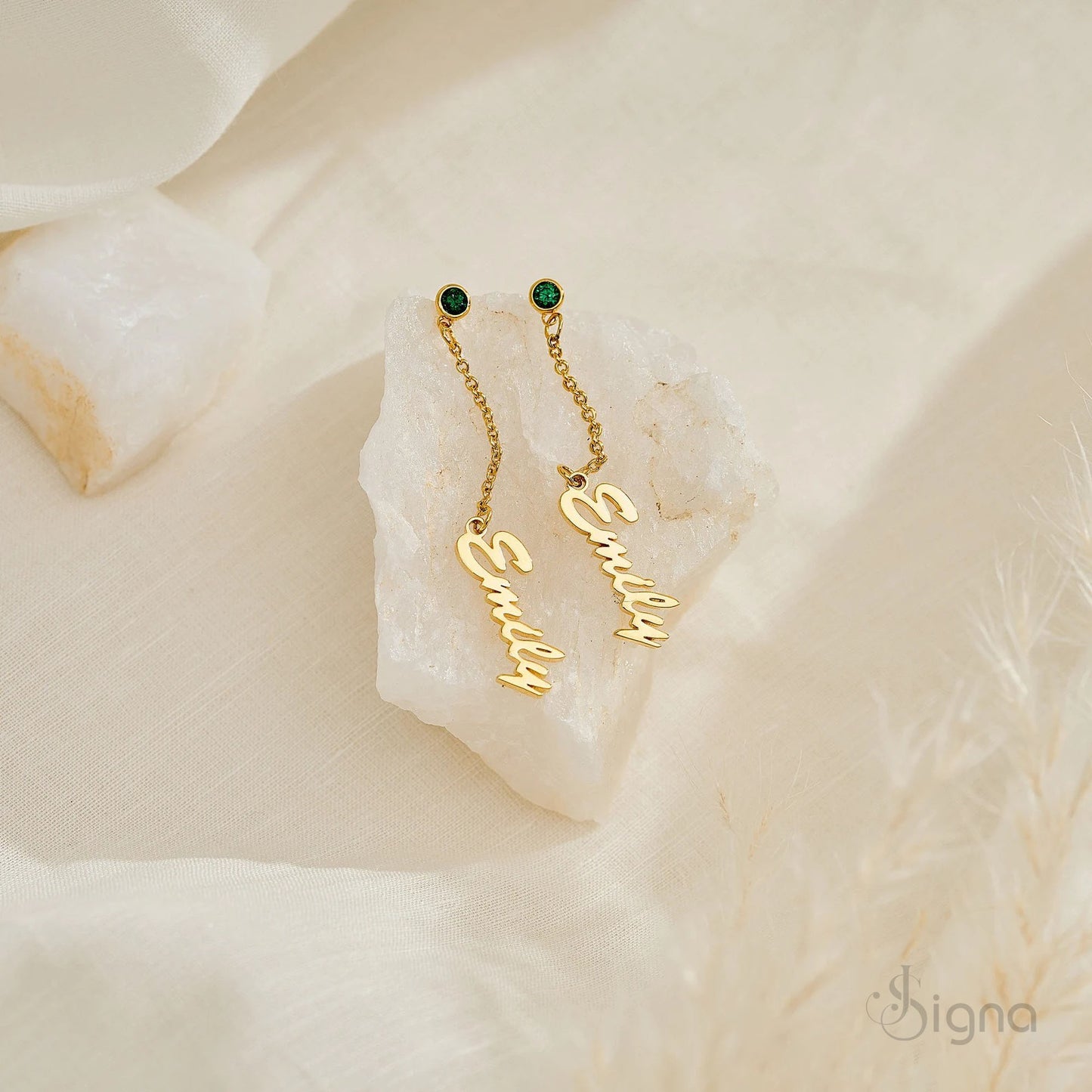 silver personalized name earrings with birth month stone