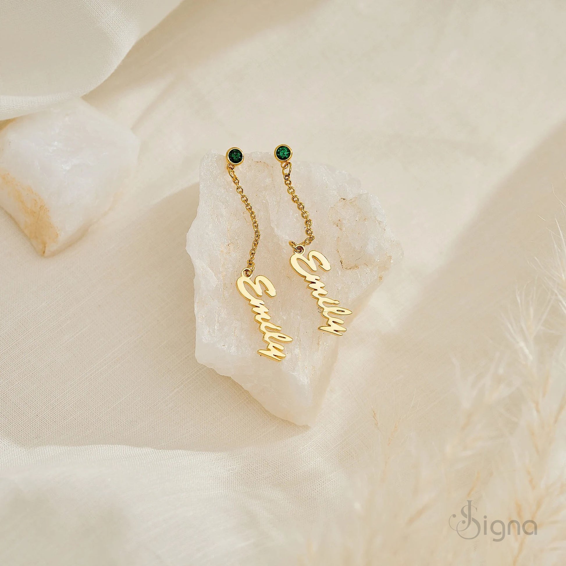 Silver personalized name earrings with birth month stone