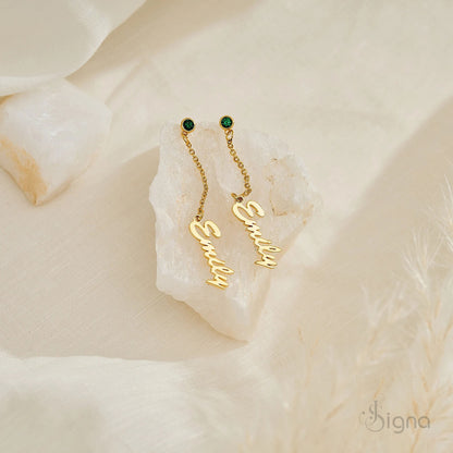 Silver personalized name earrings with birth month stone