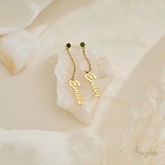 Silver personalized name earrings with birth month stone