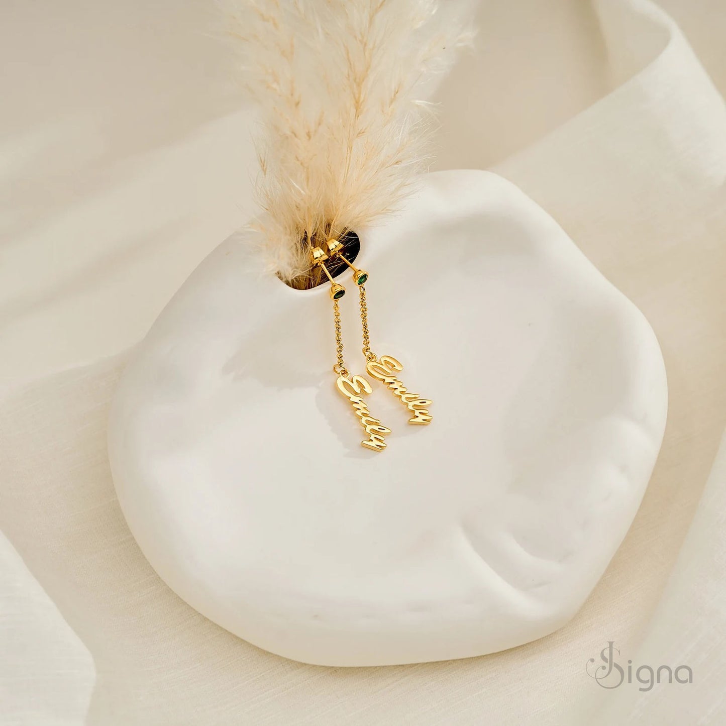 personalized name drop earrings with birthstone charm gold finish