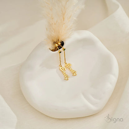 Personalized name drop earrings with birthstone charm gold finish