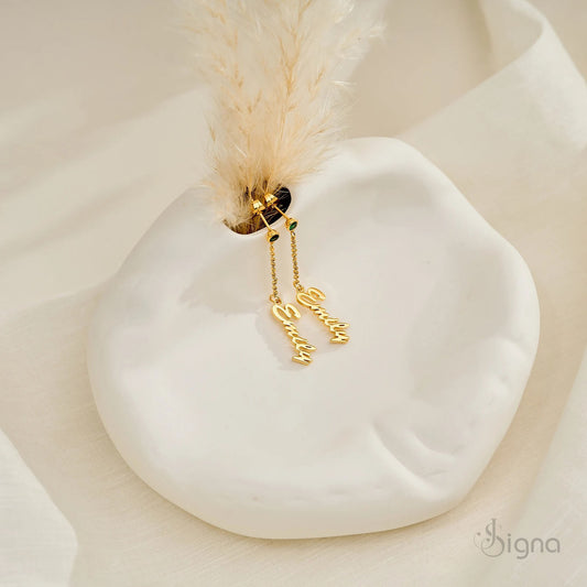 Personalized name drop earrings with birthstone charm gold finish