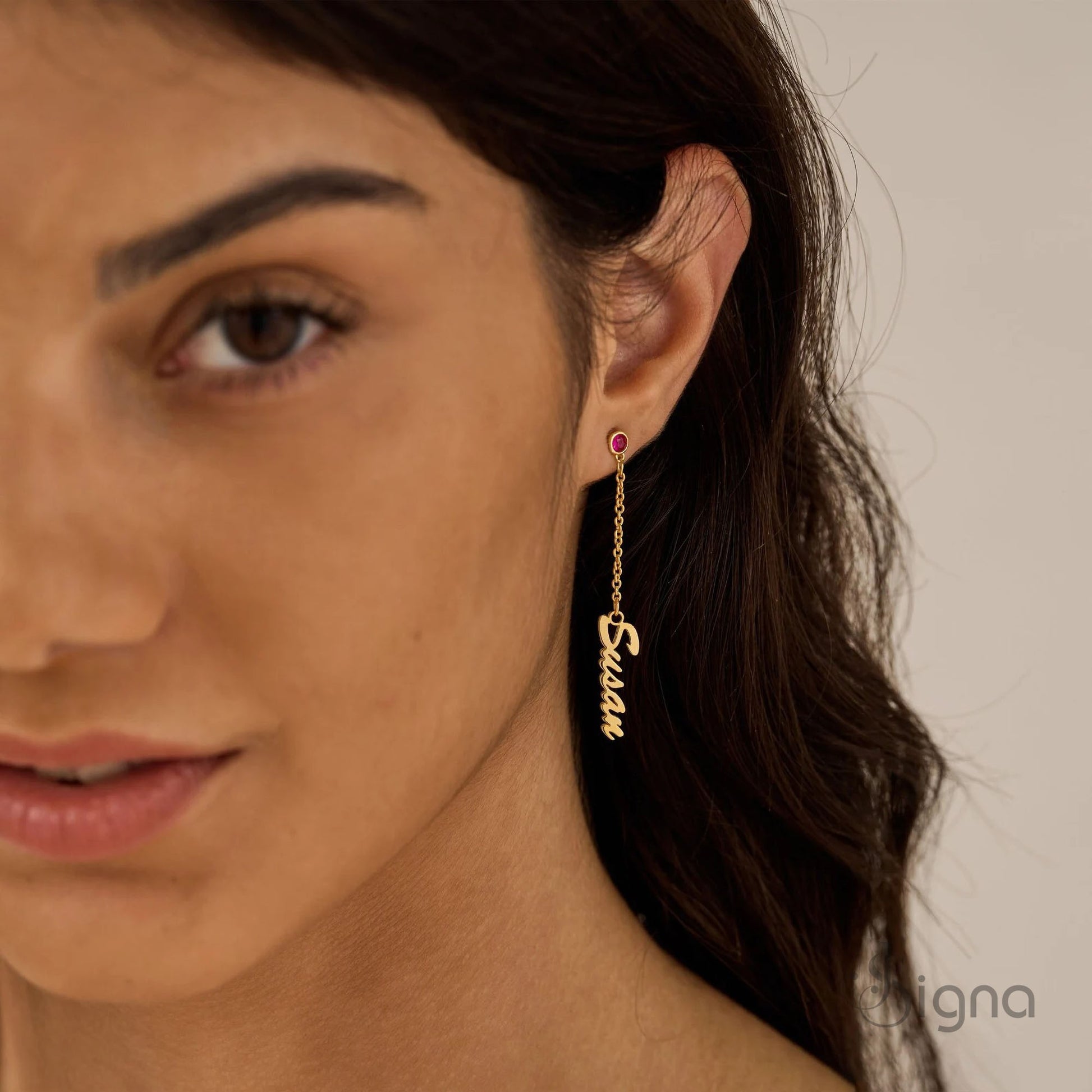 Handmade name drop earrings with colorful birthstone