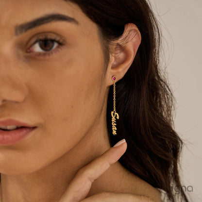 Custom script name dangle earrings with crystal birthstone