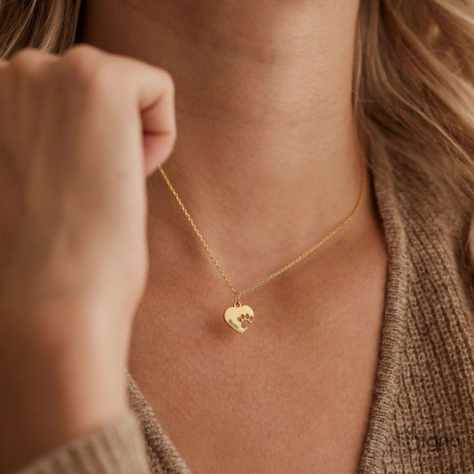 Custom pet paw heart name necklace gold plated personalized jewelry gift for pet lovers