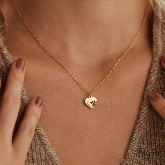 Minimalist paw cut heart name necklace personalized pet lover keepsake jewelry