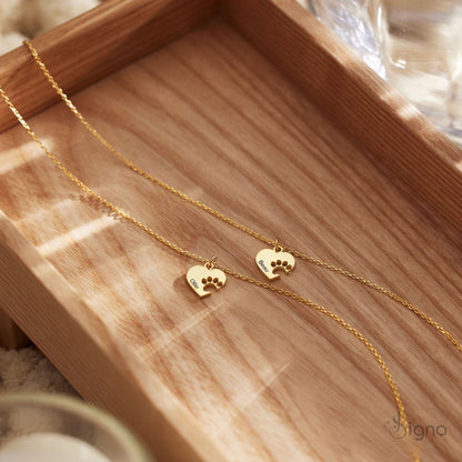 Gold personalized pet paw heart necklace with engraved pet name pendant