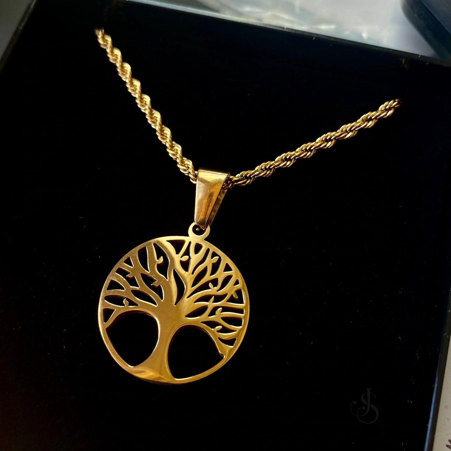 a lifestyle shot of a man wearing the signa™ tree of life necklace with a black t-shirt.