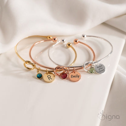 Minimalist personalized name charm bangle with  birthstone crystal