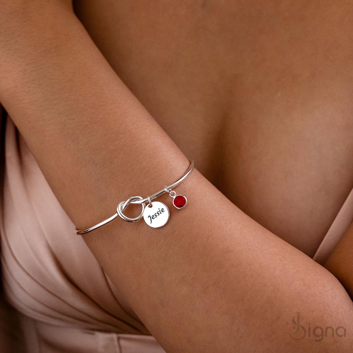 custom name and birthstone gold tie-knot bangle bracelet for women