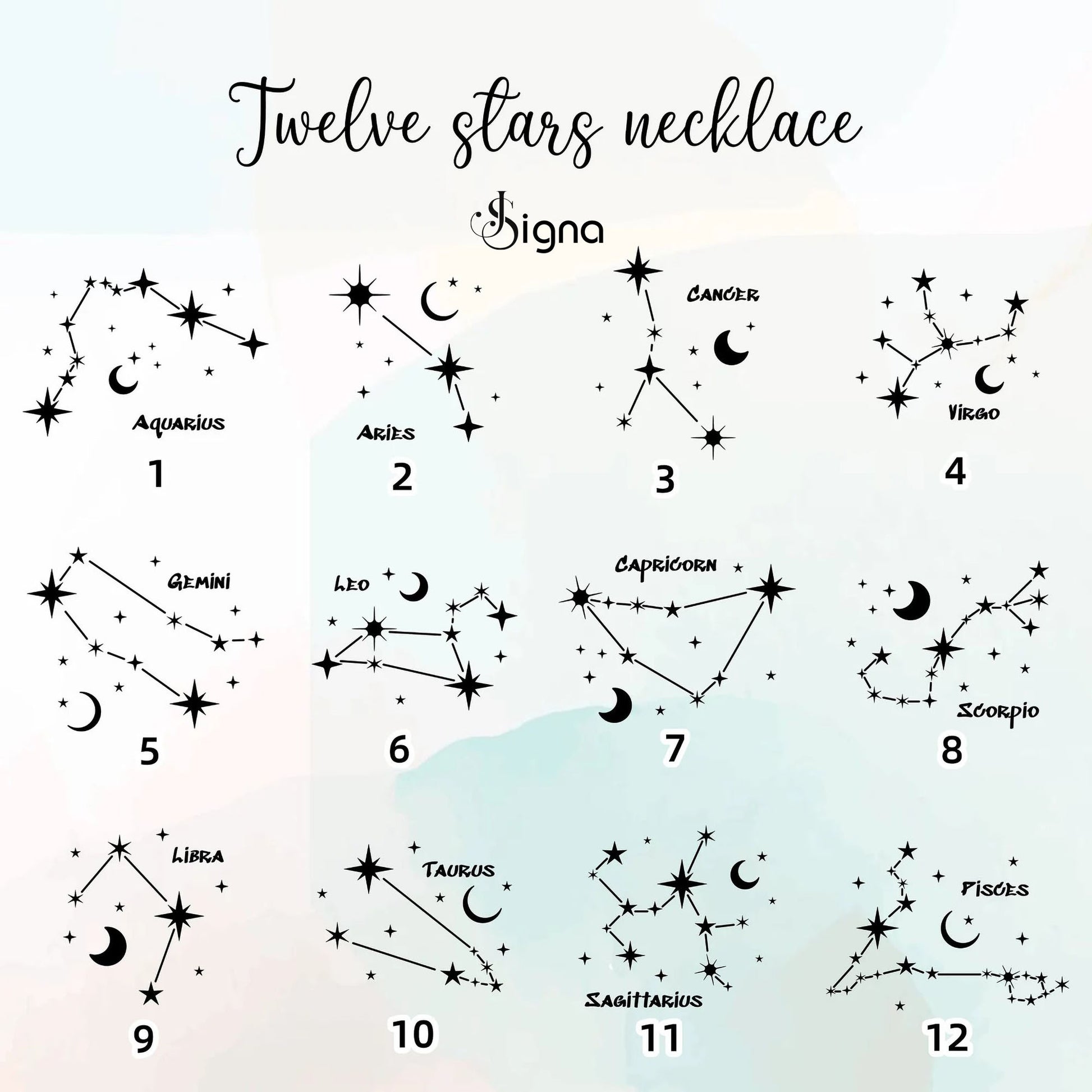 Illustrations of zodiac signs with star constellations on a white background