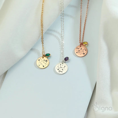 Close up of zodiac star constellation pendant with colorful birthstone crystal